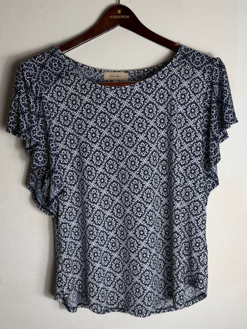 Petite Floral Medallion Flutter-Sleeve Blouse - Navy/White